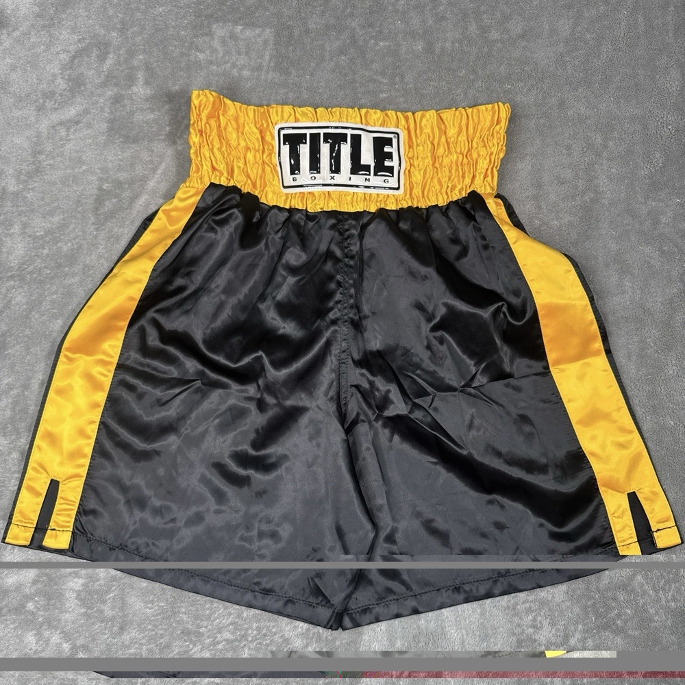 TITLE BOXING SATIN SHINY GLANZ VINTAGE STYLE  TRUNKS MENS SIZE M BLACK  & YELLOW